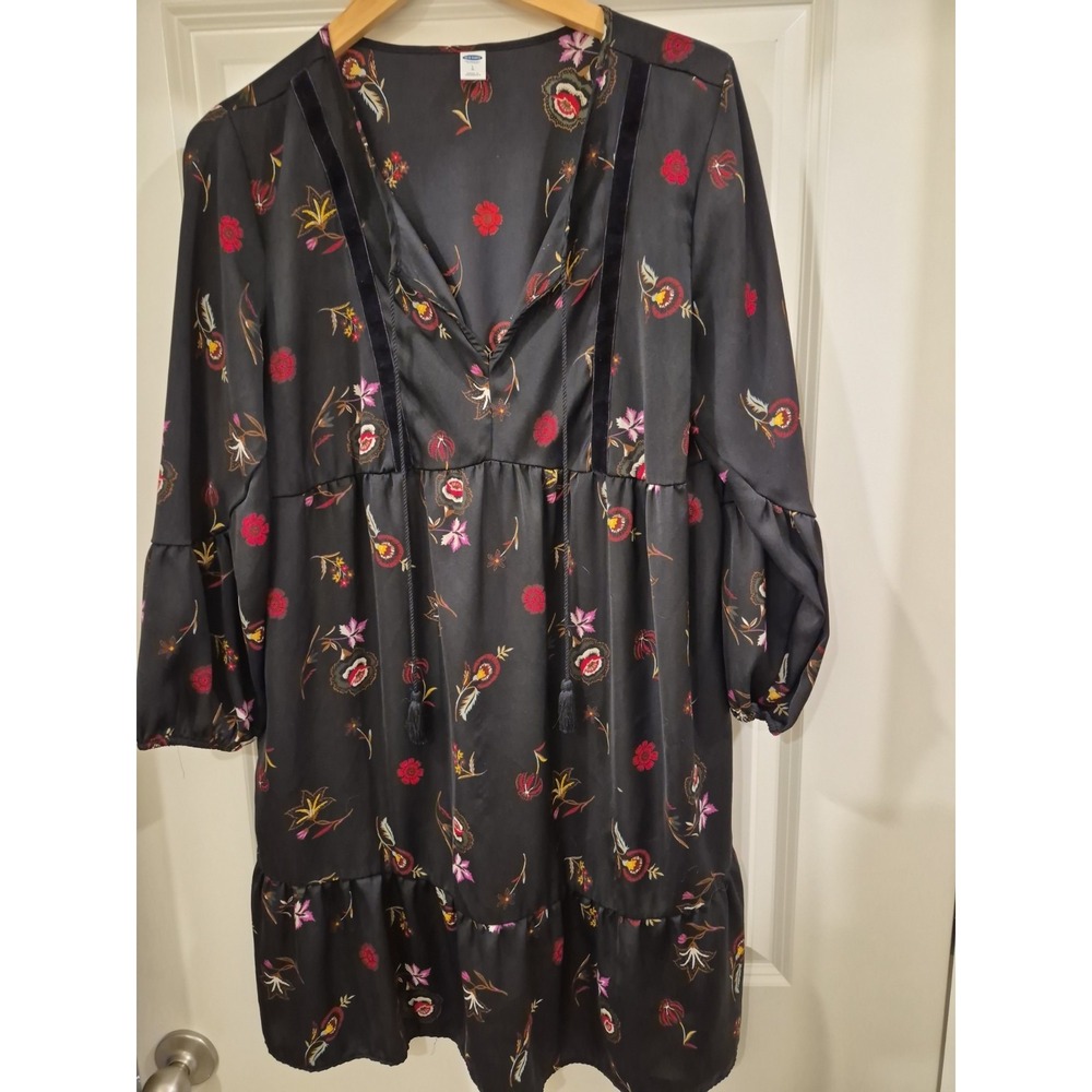 Old Navy Women Large Dress Black Floral Long Sleeve Smocked Babydoll Casual Boho
